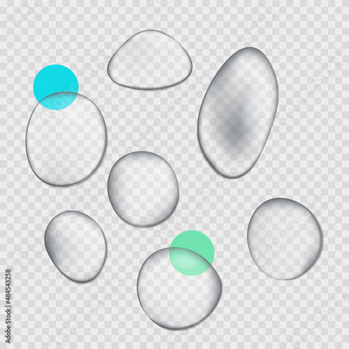 Blue water droplets. Water drops isolated. Vector illustration. Air bubbles, dynamic aqua motion, realistic misted glass, rain on window, wet surface, humid texture, condensation or dew