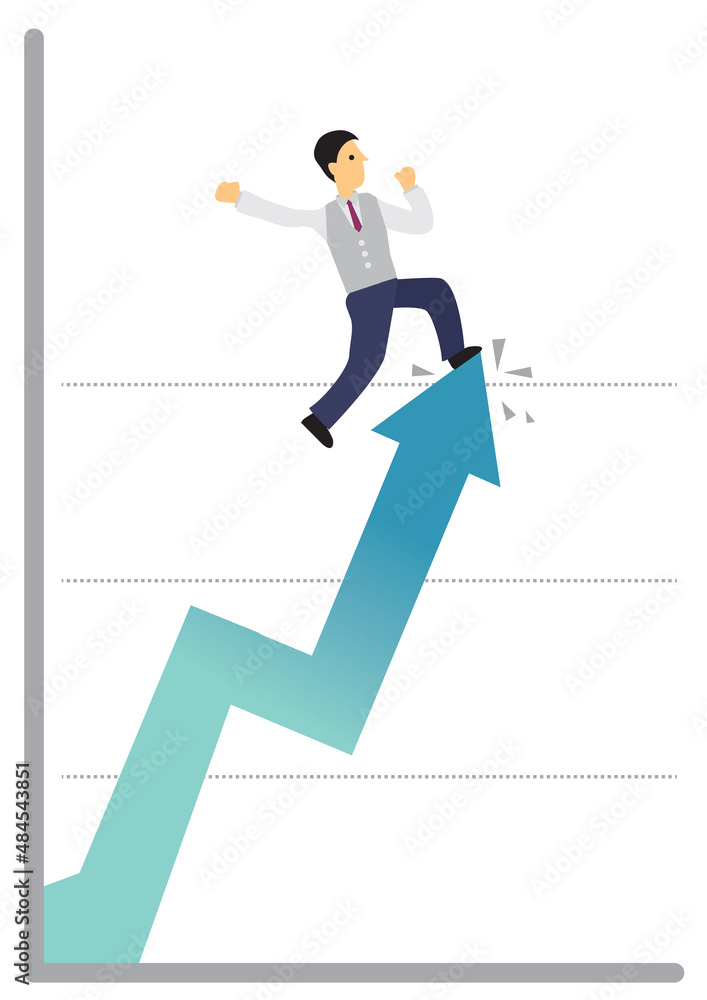 Success businessman stepping on the business growing graph into the sky. Success businessman stepping on the business growing graph into the sky.