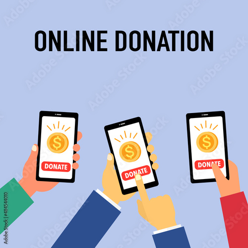 Hand holding smartphone and making online donation. Time for charity concept vector illustration.