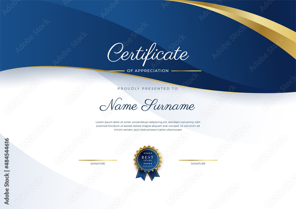 Modern elegant blue and gold certificate of achievement template with ...