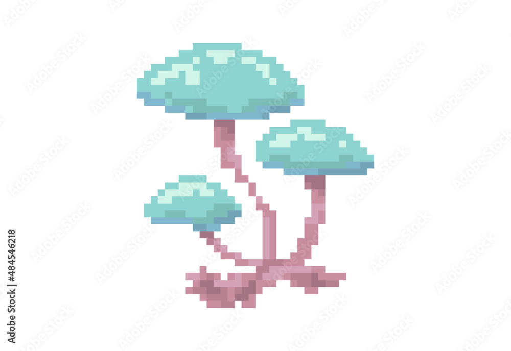 Illustration of a group of mushrooms in pixel art style
