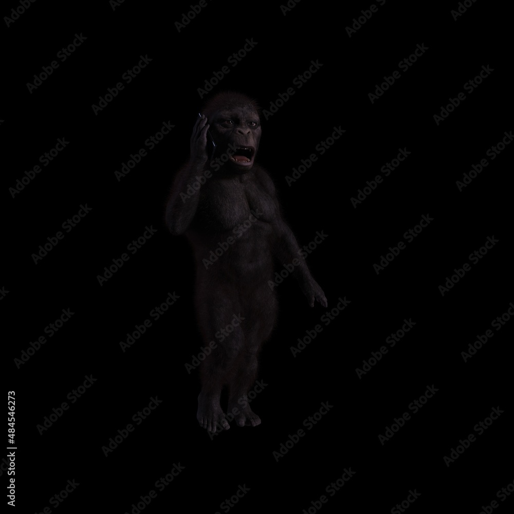 monkey with human features and expressions with mobile phone poses, 3D illustration monkey with human features and expressions with mobile phone poses, 3D illustration