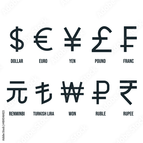 Most used currency symbol icons set stock illustration. The icons include dollar, euro, yen, pound, franc, renminbi, Turkish lira, won, rupee