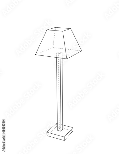 objects in 3d, simple floor lamp with dashed hidden lines, outline perspective view illustration. you can print it on standard 8.5x11 inch paper