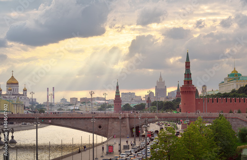 Moscow Kremlin in the evening sun. Red brick towers