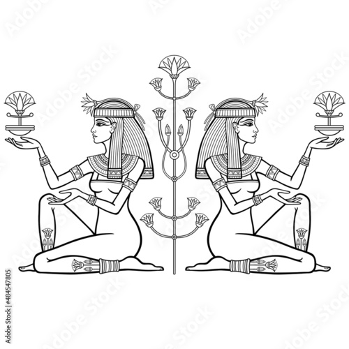Animation linear portrait: two beautiful Egyptian girls hold flowers. Goddess, princess. Profile view. Vector illustration isolated on a white background. Print, poster, t-shirt, tattoo.