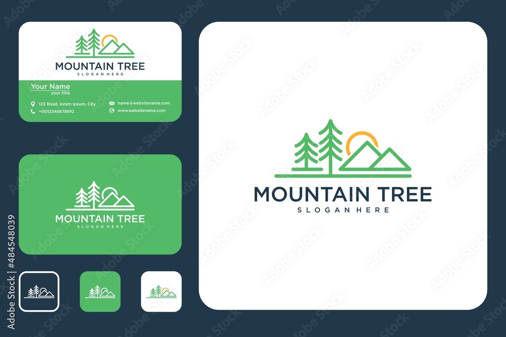 Mountain line art with tree logo design and business card