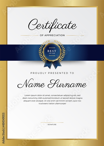 Modern elegant blue and gold certificate of achievement template with gold badge and border. Designed for diploma, award, business, university, school, and corporate.