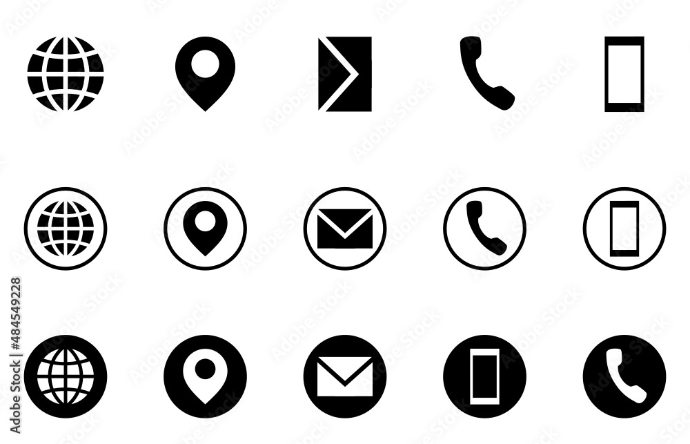 Basic icons for business card inside circle stroke & filled circle including globe mobile phone map pointer mail depicting address location contact call message web website vector icon collection set. Basic icons for business card inside circle stroke & filled circle including globe mobile phone map pointer mail depicting address location contact call message web website vector icon collection set.