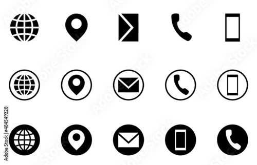 Basic icons for business card inside circle stroke & filled circle including globe mobile phone map pointer mail depicting address location contact call message web website vector icon collection set.
