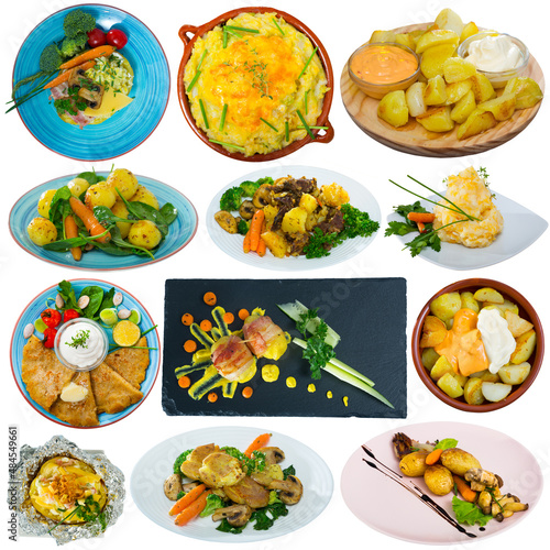 Potato dishes collage on a white background. High quality photo