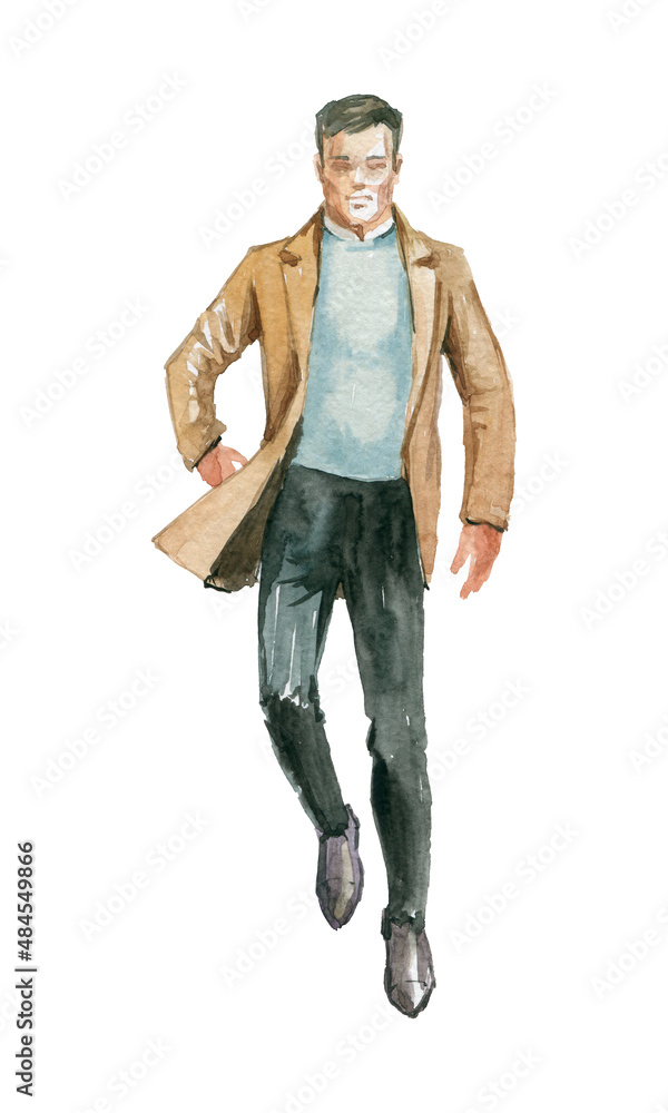 Figures of young people in casual clothes. They go to the viewer. Full-length. Watercolor illustration Figures of young people in casual clothes. They go to the viewer. Full-length. Watercolor illustration