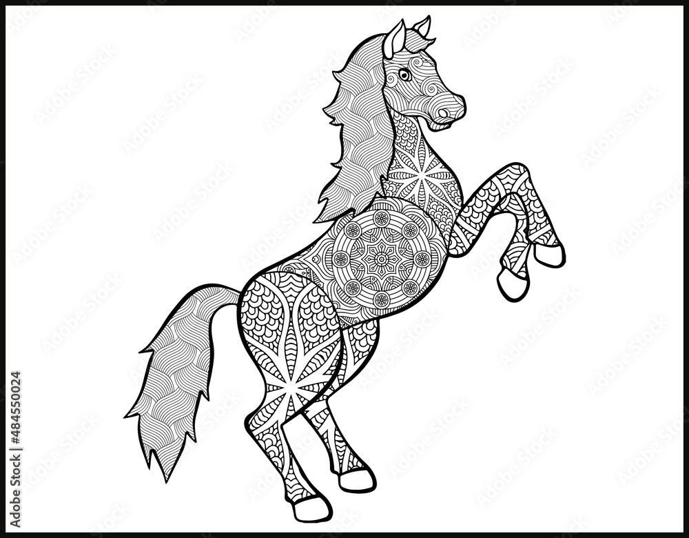 A coloring page of mustang horse. stylized handdrawn Head horse