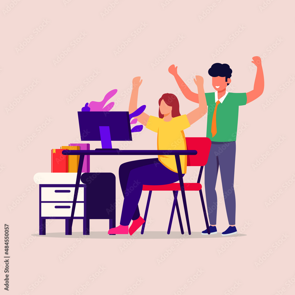 Happy excited successful a team worker triumphing in office. Vector colorful illustration. Happy excited successful a team worker triumphing in office. Vector colorful illustration.