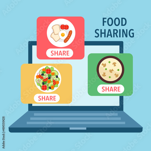 Food sharing on computer screen in flat design. Food online donation. Time for charity.