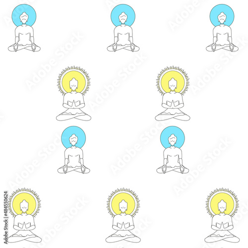 Vector pattern of enlightened in the lotus position. Buddha, buddhism, yoga, meditation, retreat. Black contour line art, hand drawn style.	