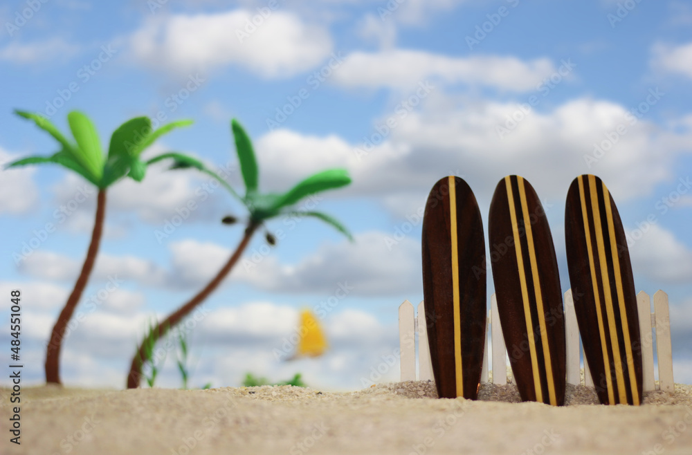 Surfboards and Palm Trees with Blue Sky