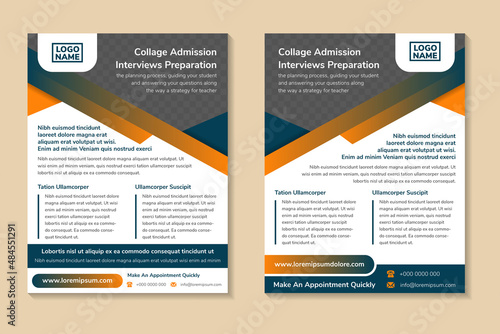 collage admission interviews preparation flyer template. modern vertical layout with space photo and text. Combination orange blue gradient on element and white background. abstract style concept.