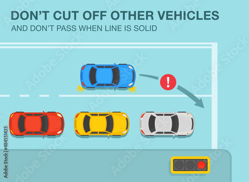 Sedan car driver cuts off other cars at traffic light. Don't cut off other vehicles and no passing when line is solid warning. Changing lanes while driving a car. Flat vector illustration template.