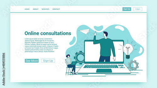 Online consultations.Medical, business consultations via video transmission.An illustration in the style of a green landing page.
