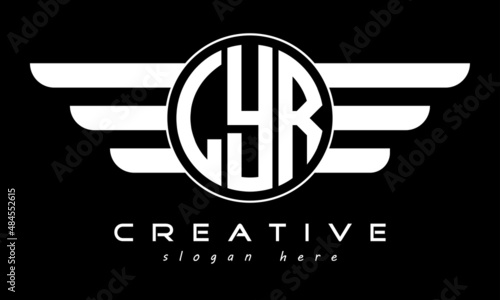 LYR three letter monogram type circle letter logo with wings vector template. photo