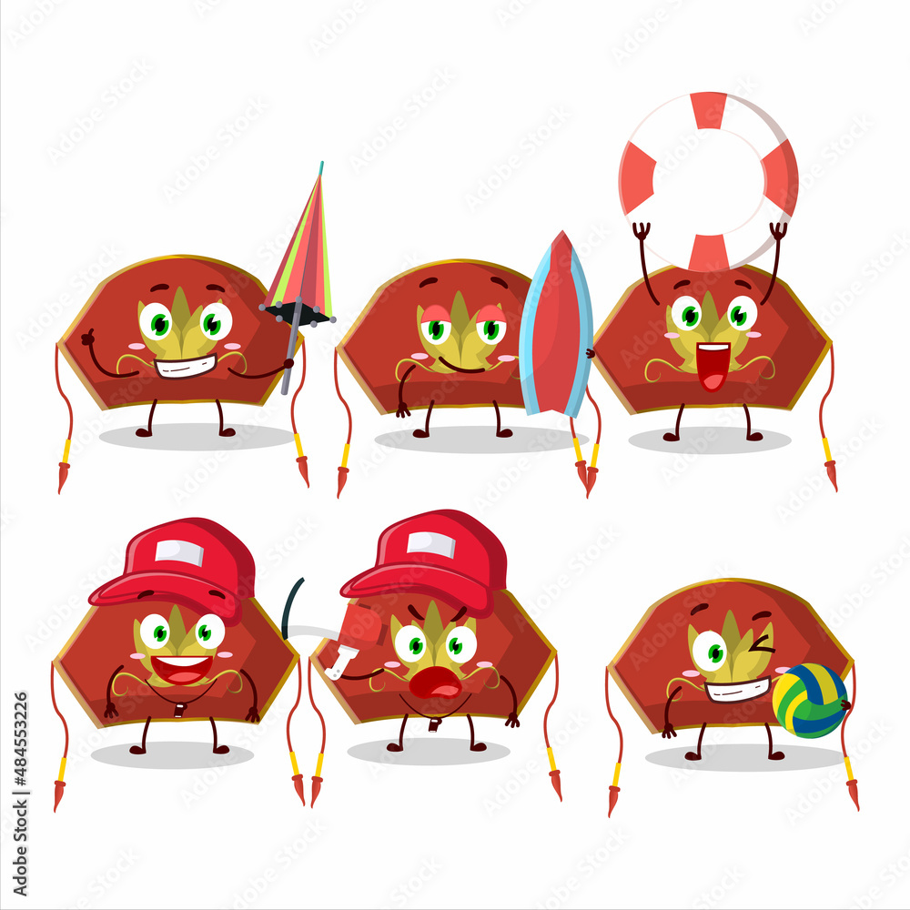 Happy Face red chinese woman hat cartoon character playing on a beach Happy Face red chinese woman hat cartoon character playing on a beach