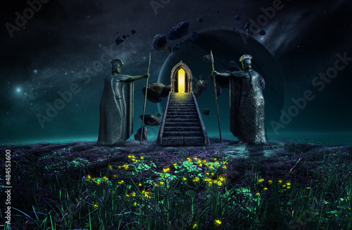 3d rendering , Door in the forest , Fantasy in outer of speace  photo