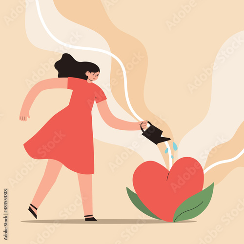 Woman watering heart shaped plant. Female character planting  flower of love . Work of volunteers, supporting, charity concept. Hand drawn vector cartoon style illustration.