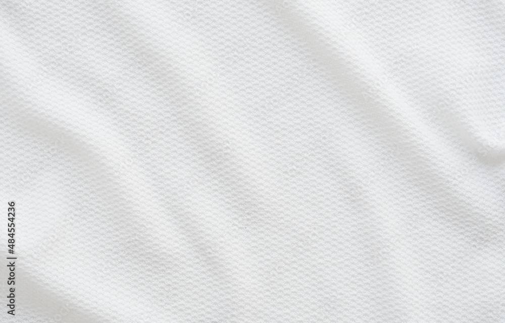 Fototapeta premium Wrinkle white fabric cotton textured background, Fashion textile design, close up, top view, flat lay