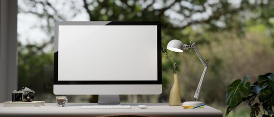 Modern contemporary office workspace with pc desktop computer mockup