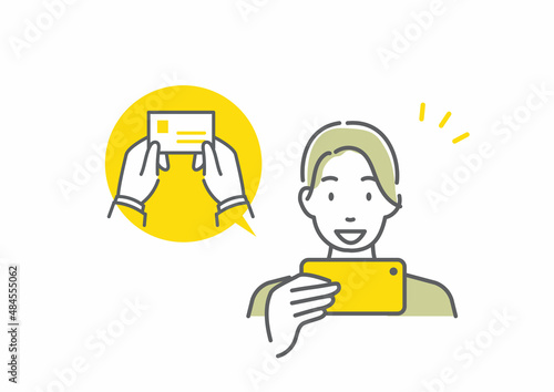 スマホを活用して仕事をする若いビジネスパーソン　シンプルでお洒落な線画イラスト