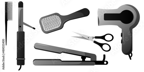 Set hair care products: comb, curling iron, curling hair, hair straightener, hair dryer, scissors stylish vector illustrations in black