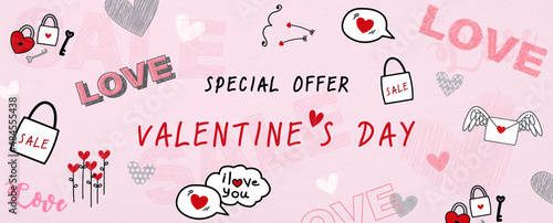 Valentine day's specials offer and shop banner with wording of sale and symbols of love on pink paper pattern background.