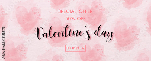Valentine day's specials offer and shop banner with wording of sale on pink hearts in watercolors style and paper pattern background.