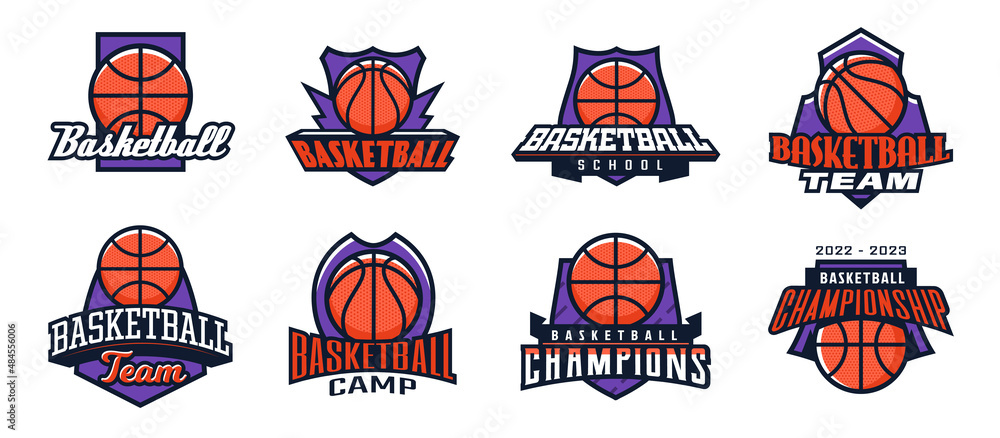 Set of logos, basketball emblems. Colorful collection of basketball emblems. Logo template for sports tournaments, leagues, championship, champion. Shield, ball, font. Isolated vector illustration