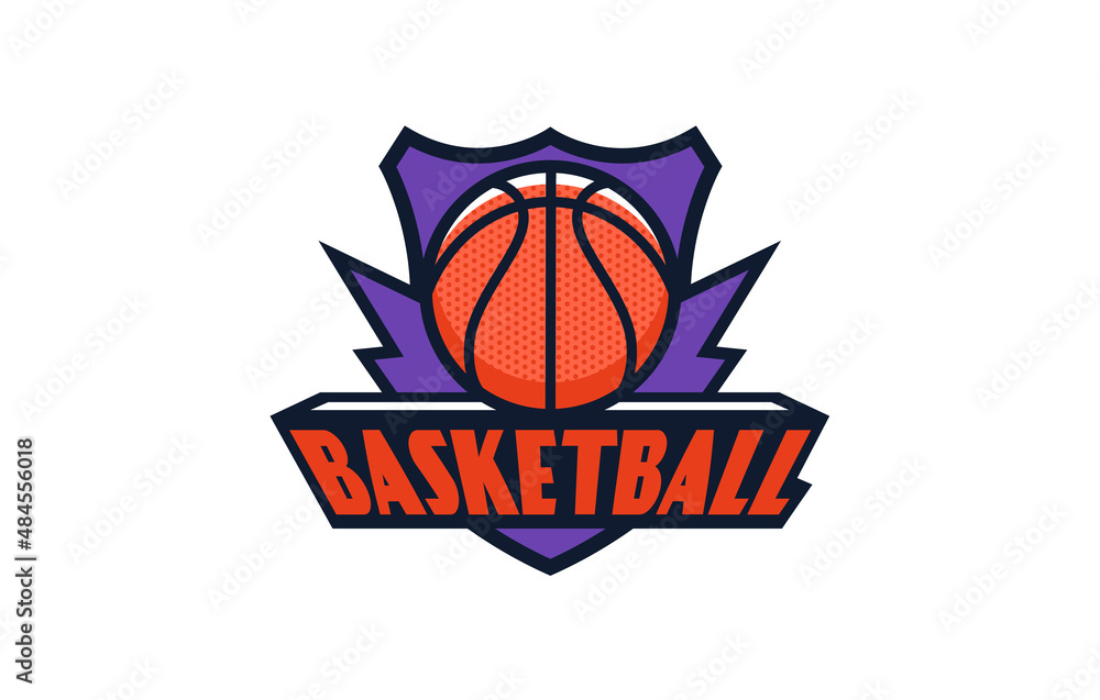 Logo, emblem of basketball. Colorful basketball ball emblem on the background of the shield. Sports club, team logo template. Badge, icon, ball, shield. Isolated vector illustration.