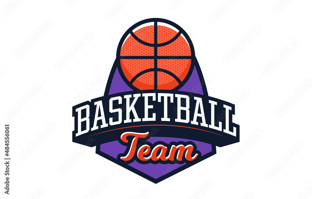 Logo, emblem of basketball. Colorful basketball ball emblem on the background of the shield. Sports club, team logo template. Badge, icon, ball, shield. Isolated vector illustration. Logo, emblem of basketball. Colorful basketball ball emblem on the background of the shield. Sports club, team logo template. Badge, icon, ball, shield. Isolated vector illustration.
