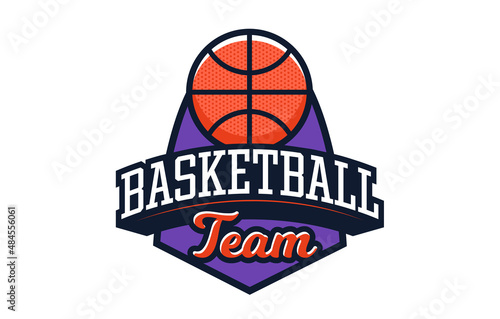 Logo, emblem of basketball. Colorful basketball ball emblem on the background of the shield. Sports club, team logo template. Badge, icon, ball, shield. Isolated vector illustration. © kostymo