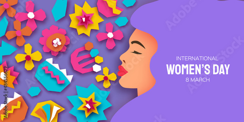Female portrait with paper cut flowers. Happy Women's day. Happy Mother's Day. Abstract Hand drawn paper cut floral shapes. Trendy contemporary art. 8 March. Spring. Paper art work. Very peri color.