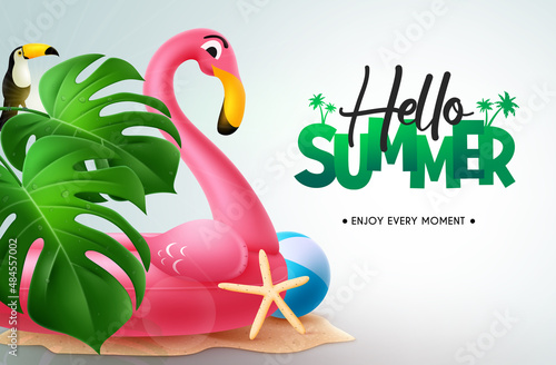 Summer vector background design. Hello summer text with flamingo floaters in sand island outdoor design. Vector illustration.
