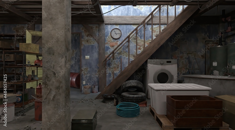 3D illustration brick basement with unnecessary obsolete things 3D illustration brick basement with unnecessary obsolete things