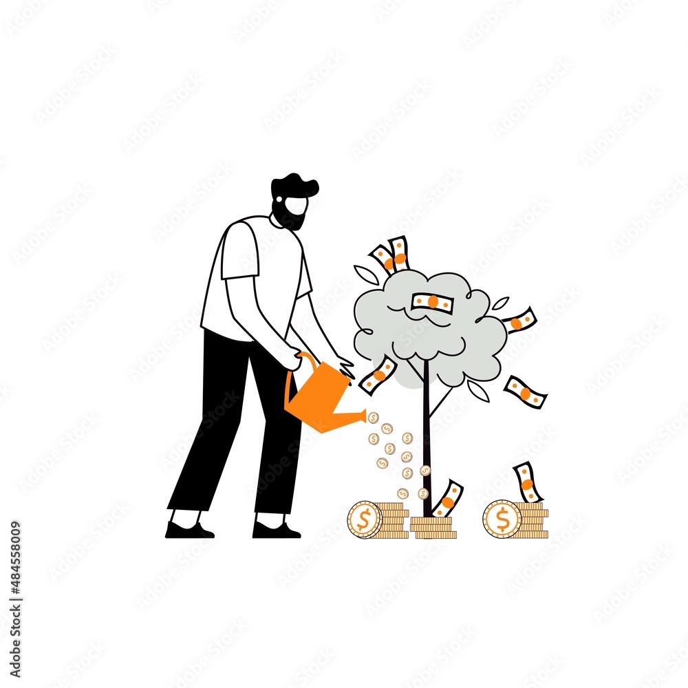 Flat vector illustration of profit from business investments. Metaphor of financial income. Investor strategy, financing concept. Characters that collect cash from the money tree. Flat vector illustration of profit from business investments. Metaphor of financial income. Investor strategy, financing concept. Characters that collect cash from the money tree.