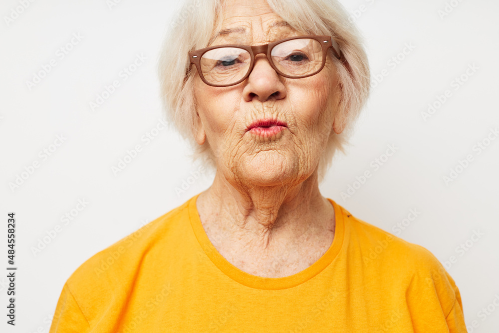 emotional elderly woman vision problems with glasses isolated background emotional elderly woman vision problems with glasses isolated background