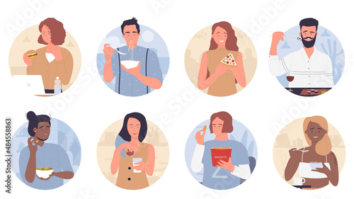 Happy people eat food in round avatar set vector illustration. Cartoon hungry persons sitting at restaurant or home table, woman and man eating. Dinner, lunch or breakfast meal, lifestyle concept