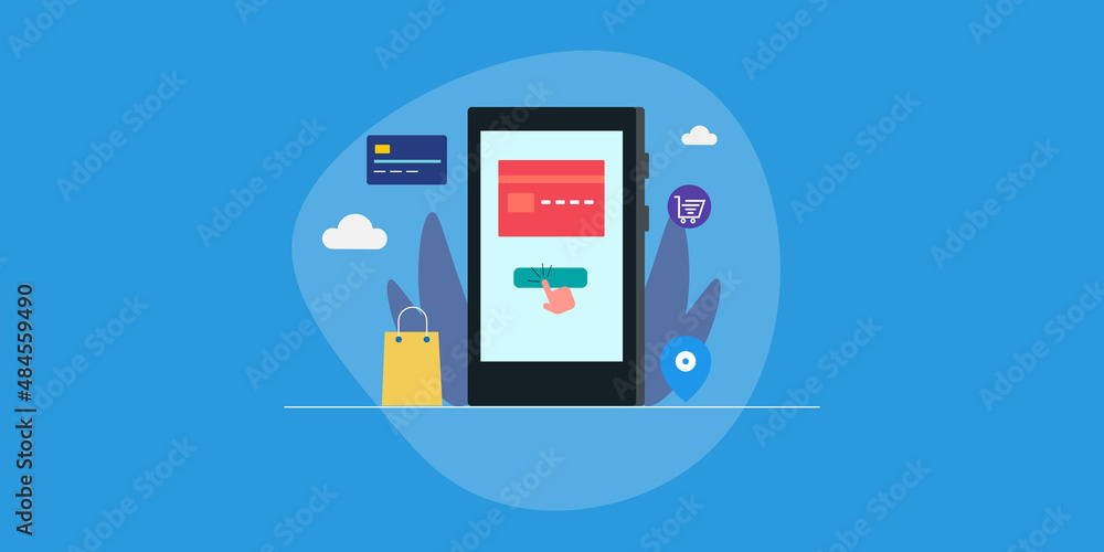 Online shopping application using on smartphone device, ecommerce retail app, mobile shopping flat design illustration concept, web banner template. Online shopping application using on smartphone device, ecommerce retail app, mobile shopping flat design illustration concept, web banner template.