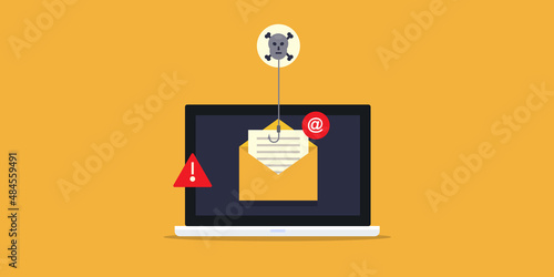 Flat design illustration - email phishing attack, hacking, cyber crime, stealing data, security breach  concept. Web banner template.
