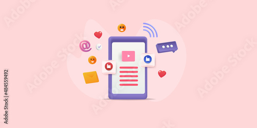 Online communication social media app on smartphone device, mobile marketing, social media engagement, digital networking, chat message concept. - 3d illustration web banner template.
