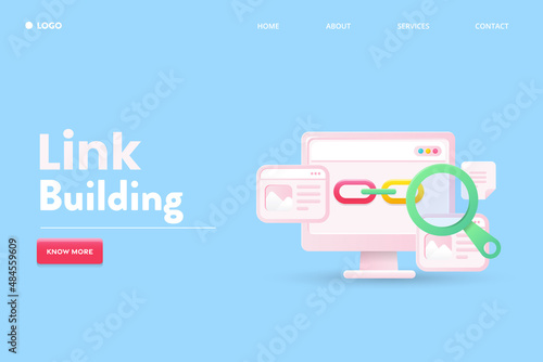 3d illustration concept of SEO link building. Digital marketing other website connection, search optimization strategy. Abstract background with text.