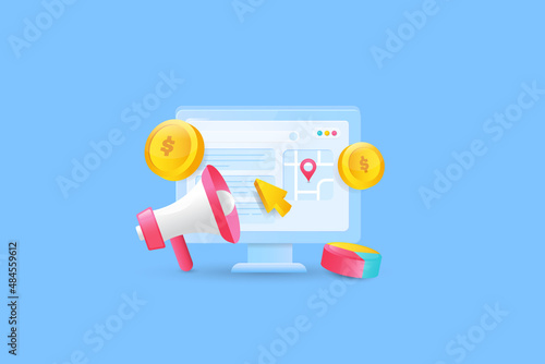 3d illustration - ppc campaign, online paid media advertising, display native ads, sponsored content marketing, click on internet ads, megaphone promotion, money coin concept, abstract background.