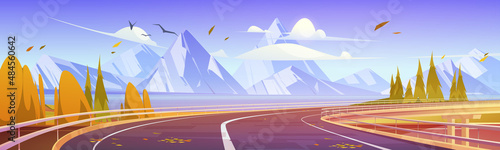 Overpass road, highway at autumn nature landscape, empty way at mountains and water bay, Two-lane asphalted turning direction and rocks perspective view, fall journey Cartoon vector illustration